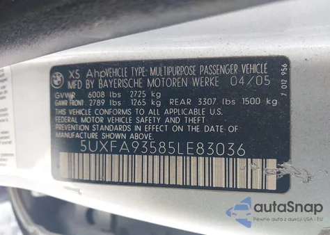 2005 BMW X5 4.8Is z USA, uszkodzony, nr VIN 5UXFA93585LE83036